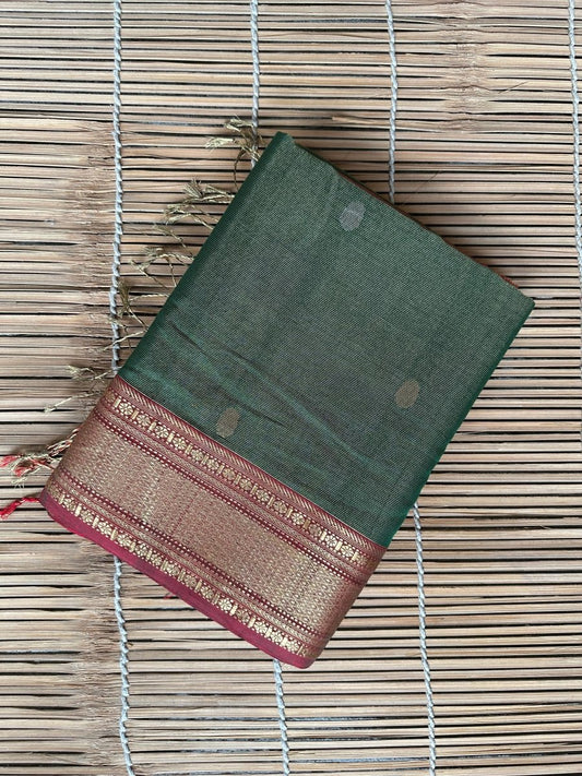 Bottle Green - Red Tissue Silk Maheswari Saree - Libas Handloom