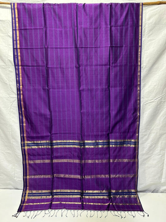 Purple V Border silk Cotton Maheshwari Saree - Libas Handloom