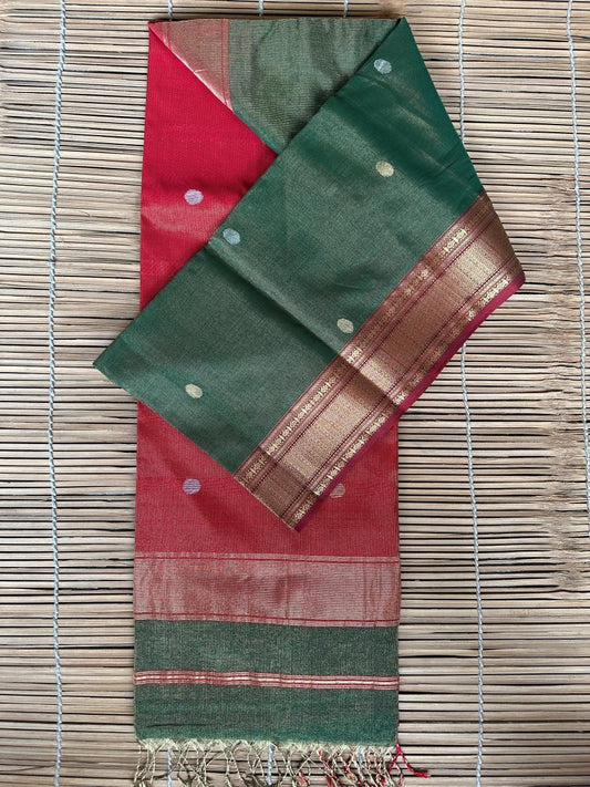 Bottle Green - Red Tissue Silk Maheswari Saree - Libas Handloom