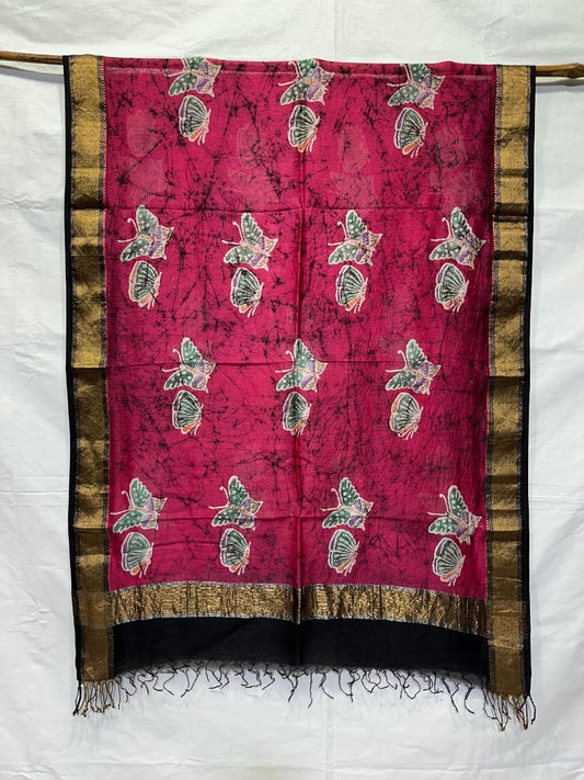 Fuchsia Butterfly Indonesian Print Maheshwari Saree - Libas Handloom