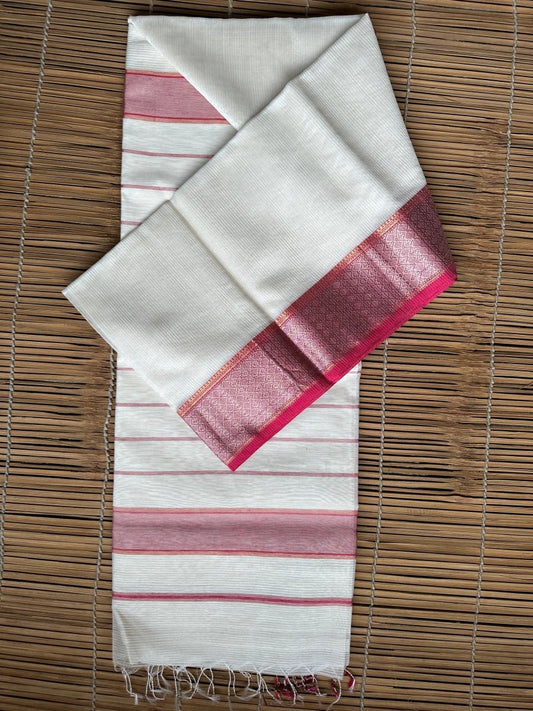 Silver Zari Border Maheshwari Saree - Libas Handloom