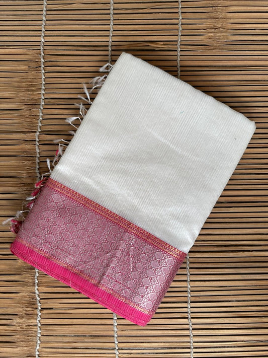 Silver Zari Border Maheshwari Saree - Libas Handloom